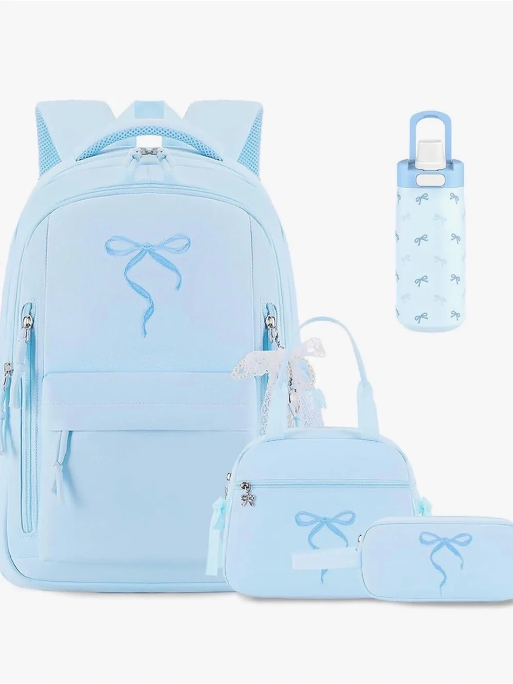Kids Light Blue Bow Backpack Set with Lunch Bag & Water Bottle